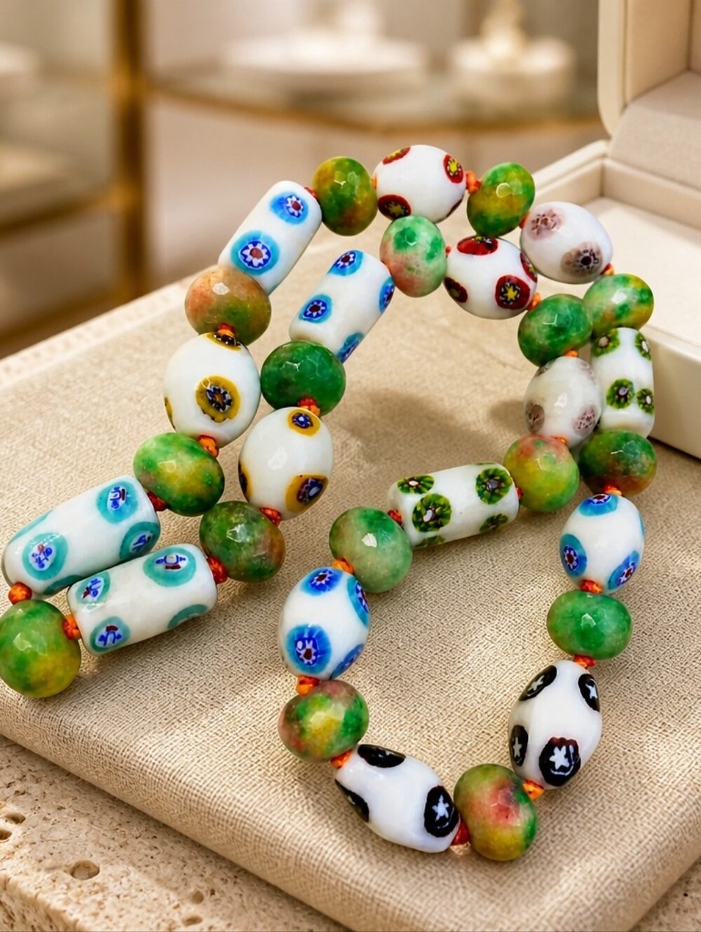 Hand Knotted Rainbow Jade White Flower Glass Beads Aprilsplace Orginal Golden π - Picture 3 of 6